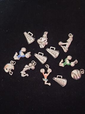 12 Silver Tone Cheerleading and Sports Charms - Assorted Colors